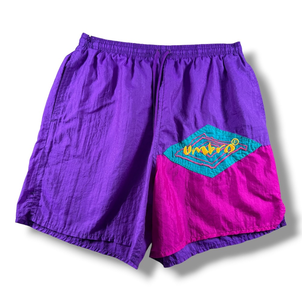 Vintage Umbro Nylon Shorts Purple Pink Colorblock Embroidered Logo Mens Medium